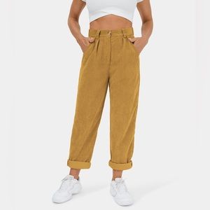 HALARA Mid Rise Button Zipper Side Pocket Corduroy Casual Pants - Gold - Size L